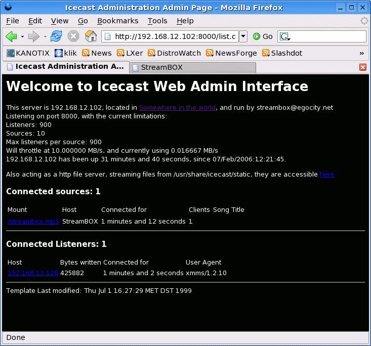 the icecast 1 status page